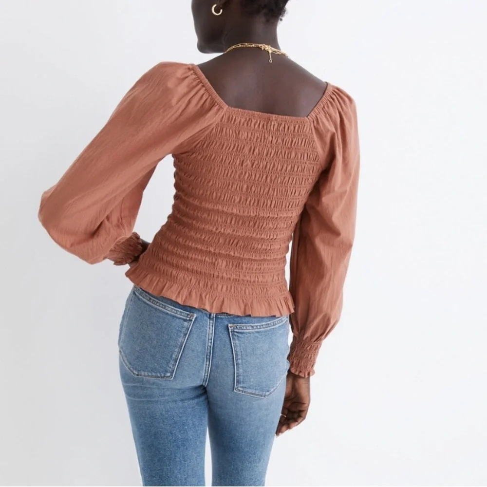 Madewell women's M Lucie bubble-sleeves Smocked poplin top boho neutral cottage - Picture 2 of 10